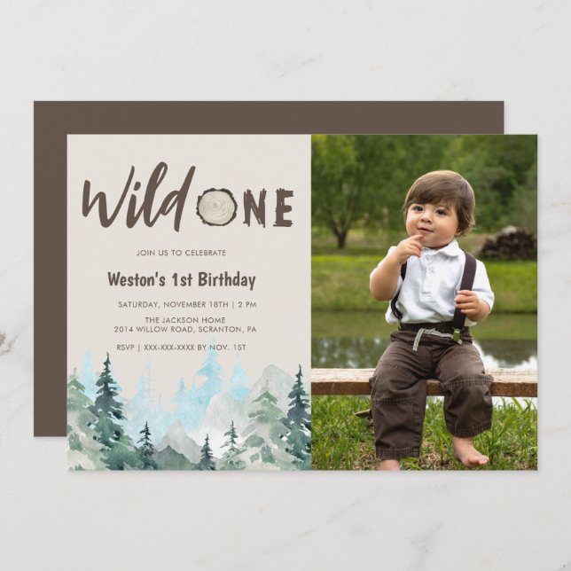 Convite Rustic Photo Wild One primeiro aniversario (Frente/Verso)