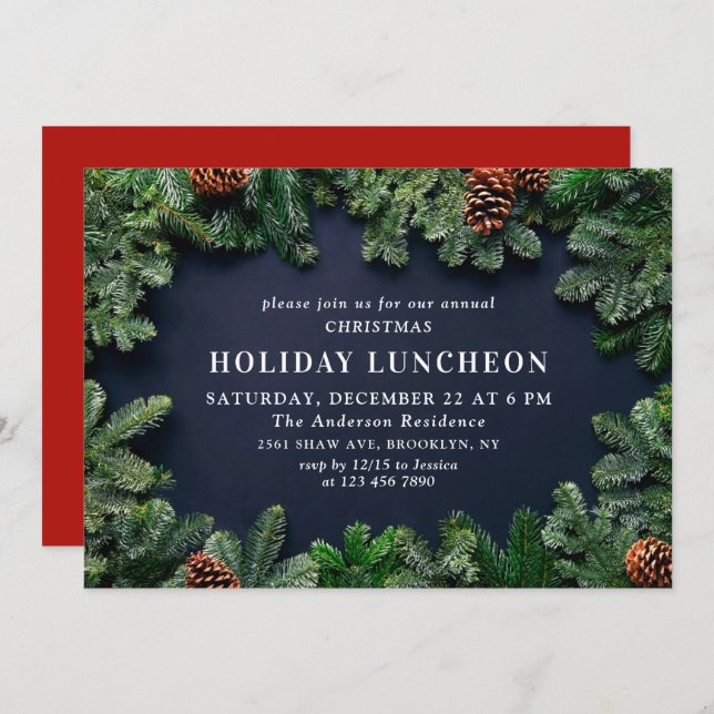Convite Rustic Pine Cones Branch HOLIDAY LUNCHEON (Frente/Verso)