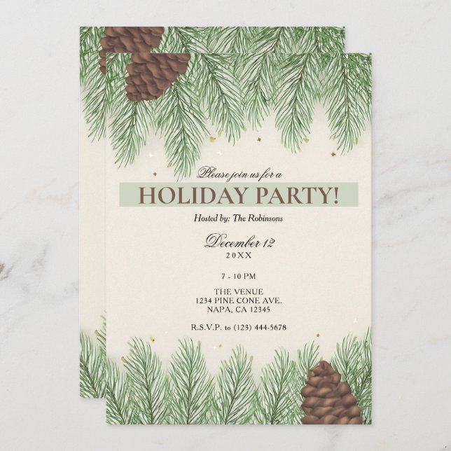 Convite Rustic Pine Cones & Fir Christmas Holiday Party (Frente/Verso)