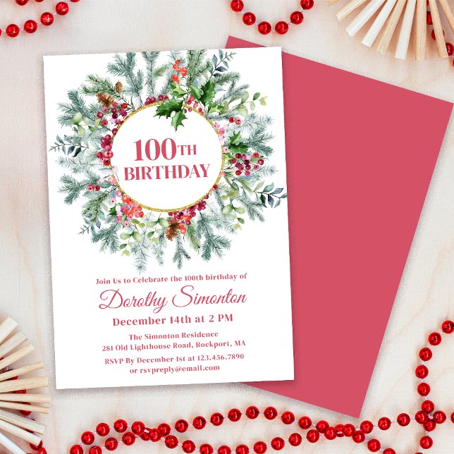Convite Rustic Pine Holly Berry Wreath 100º Aniversário (Matching party supplies napkins, paper plates balloons etc. Message me for help finding them.)