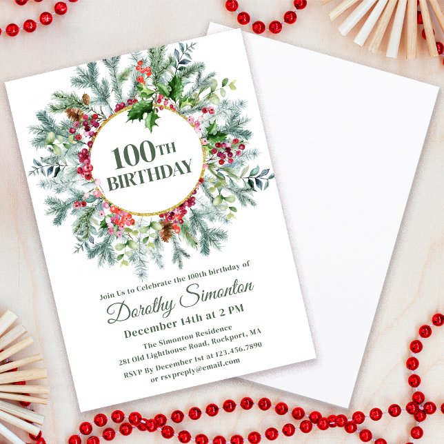 Convite Rustic Pine Holly Berry Wreath 100º Aniversário (Criador carregado)