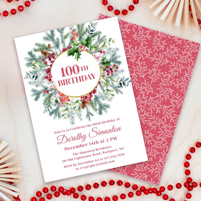 Convite Rustic Pine Holly Berry Wreath 100º Aniversário (Matching party supplies available - napkins, welcome signs etc. Message me for help finding them. )