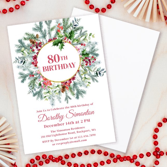 Convite Rustic Pine Holly Berry Wreath 80 Aniversário (Need matching party supplies? Welcome signs, napkins, paper plates. Something else? Message me!)