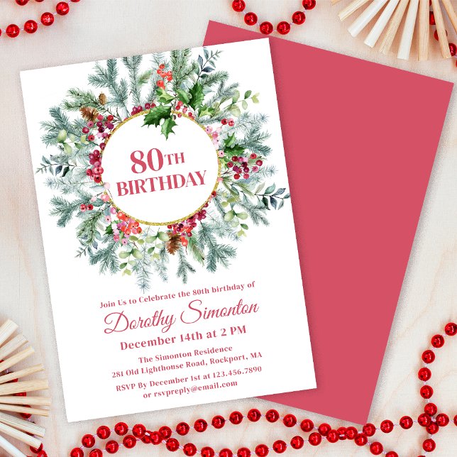 Convite Rustic Pine Holly Berry Wreath 80 Aniversário (Need matching party supplies? Welcome signs, napkins, paper plates. Something else? Message me!)