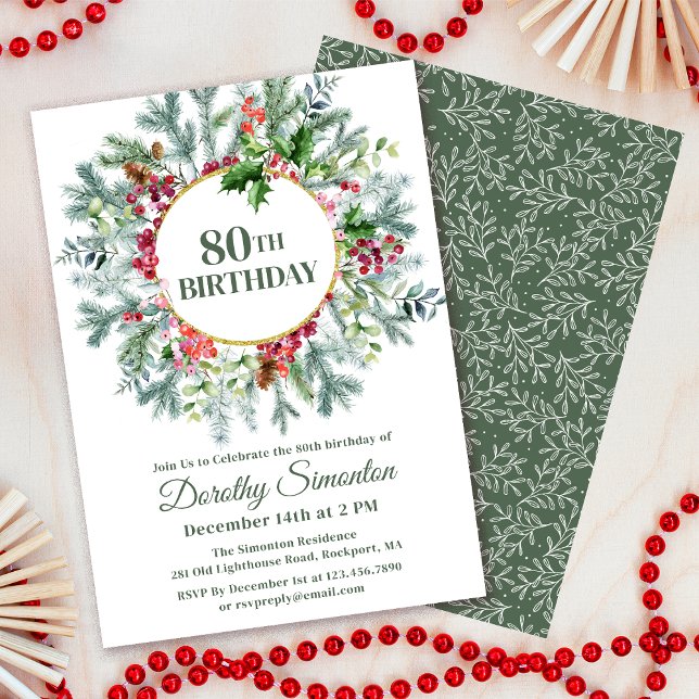 Convite Rustic Pine Holly Berry Wreath 80 Aniversário (Need matching party supplies? Welcome signs, napkins, paper plates. Something else? Message me!)