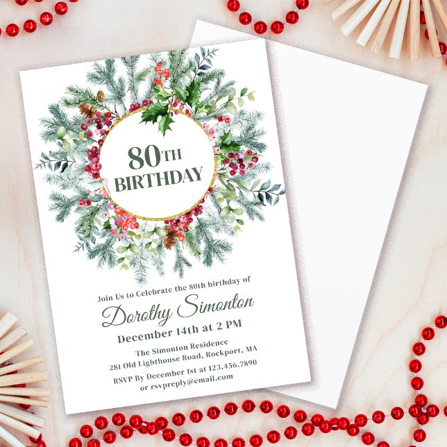 Convite Rustic Pine Holly Berry Wreath 80 Aniversário (Need matching party supplies? Welcome signs, napkins, paper plates. Something else? Message me!)