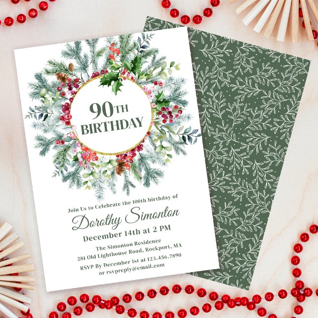 Convite Rustic Pine Holly Berry Wreath 90 Aniversário (Need matching party supplies? Welcome signs, napkins, papper plates. Message me!)