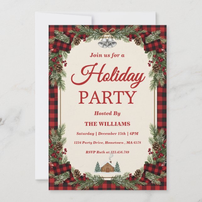 Convite Rustic Pine & Plaid Holiday Party (Frente)