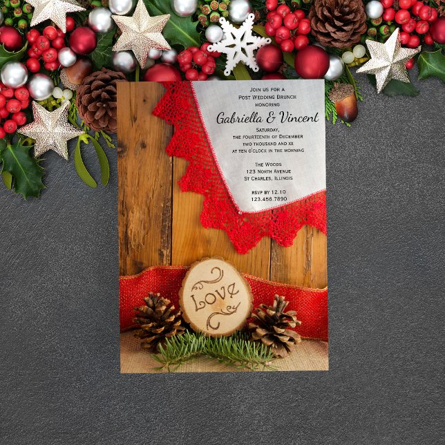 Convite Rustic Pines Red Lace Winter Postar Wedch (Set a festive tone with the Rustic Pines and Red Lace Winter Woodland Post Wedding Brunch Invitation)