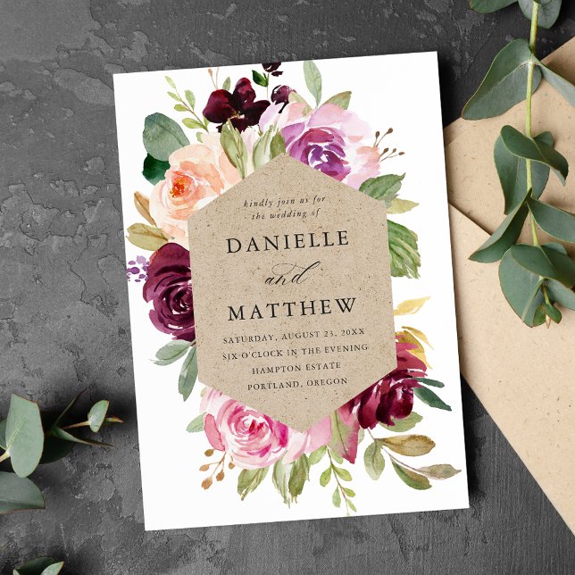 Convite Rustic Pink Burgundy e Purple Floral Weds (Criador carregado)