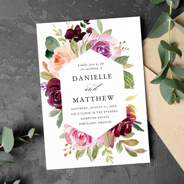 Convite Rustic Pink Burgundy e Purple Floral Weds (Criador carregado)