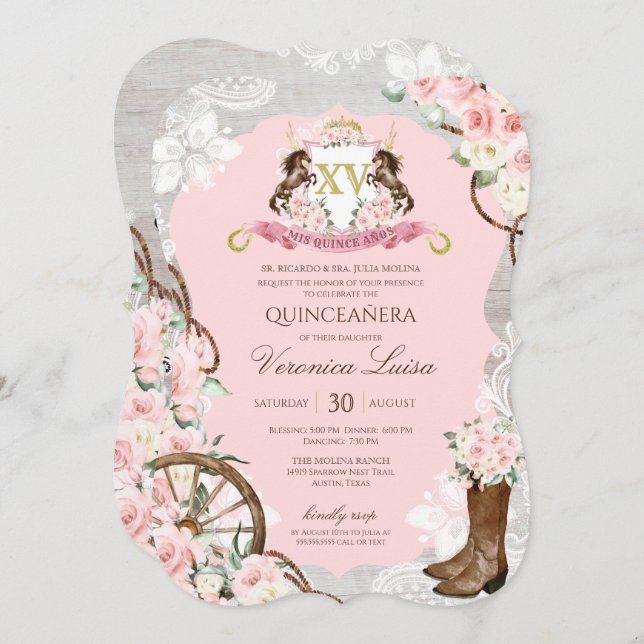 Convite Rustic Pink Charro Quinceanera (Frente/Verso)