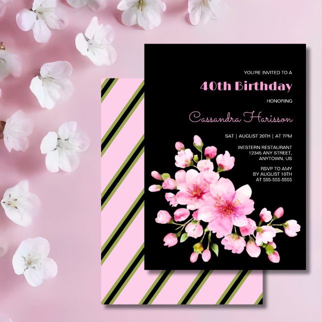 Convite Rustic Pink Cherry Blossom Sakura Black Birday (Criador carregado)