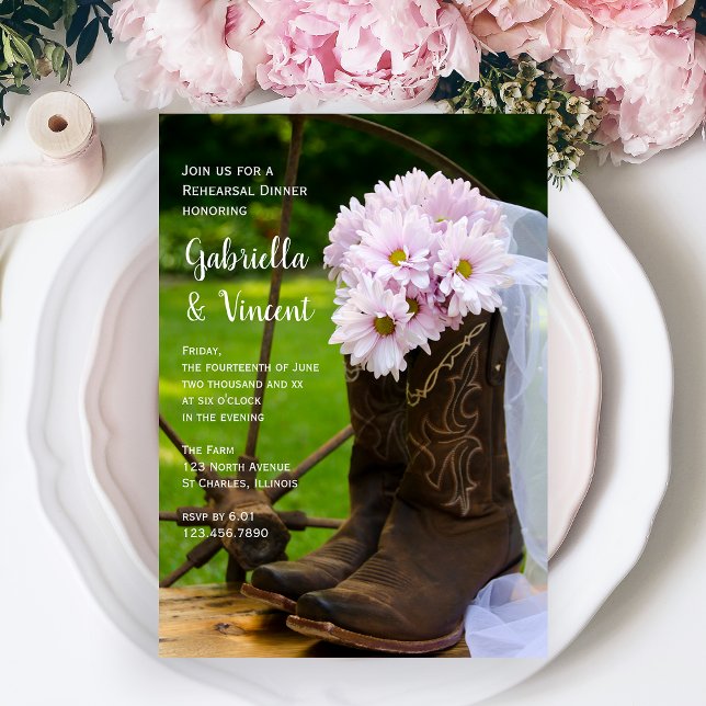 Convite Rustic Pink Daisies Boots Janto de Ensaio de Casam (Criador carregado)