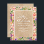 Convite Rustic Pink Floral Kraft 50º Aniversário<br><div class="desc">Cor de água floral botânica rosa e púrpura ao estilo do vassoura no papel kraft marrom rústico design 50 e Fabuloso / 50º convite de aniversário.</div>