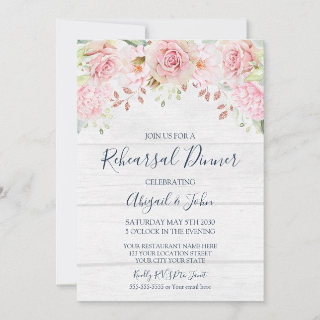 Convite Rustic Pink Floral Spring Rehearsal Dinner (Frente)