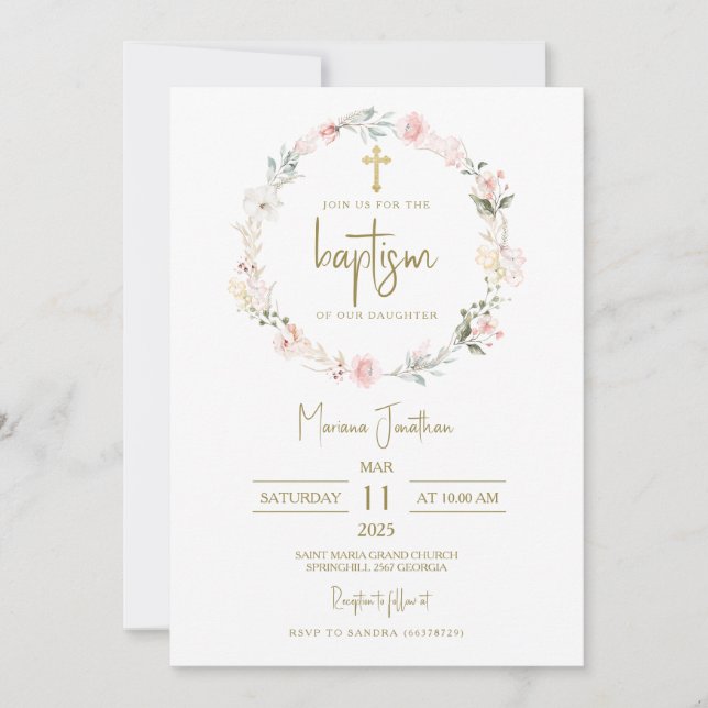Convite Rustic Pink Flowers Baptism Text (Frente)