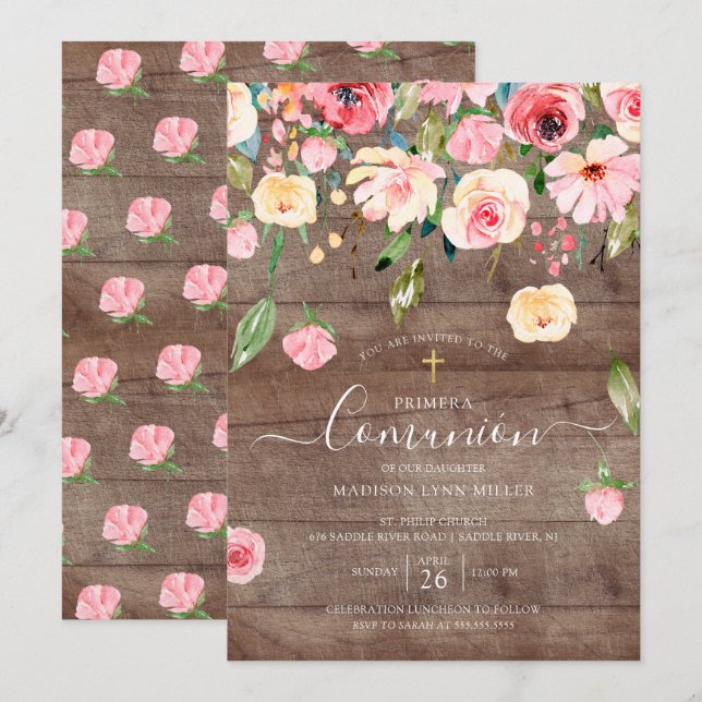 Convite Rustic Pink Peonies Floral Espanha Primeira Comunh (Frente/Verso)