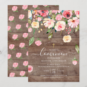 Convite Rustic Pink Peonies Floral Espanha Primeira Comunh