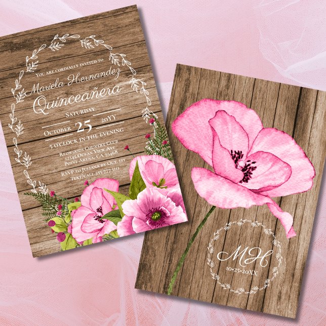 Convite Rustic Pink Watercolor Poppies Quinceañera (Criador carregado)