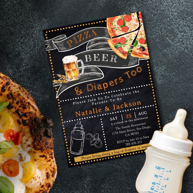 Convite Rustic Pizza Beer & Fralda Chá de fraldas (Rustic Pizza Beer & Diapers Baby Shower Invitation)