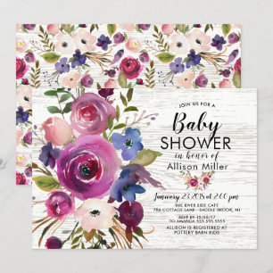 Convite Rustic Plum Blue Floral BABY Invitações de Chuveir