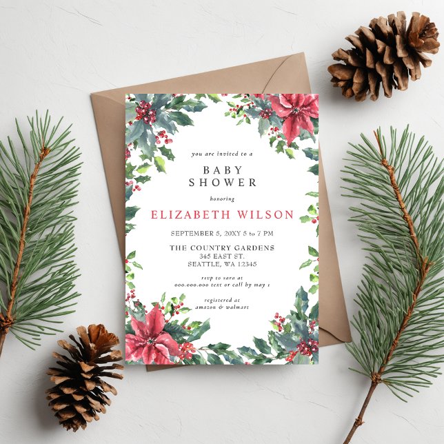 Convite Rustic Poinsettias Holly Chá de fraldas de Natal (Rustic Poinsettias Holly Christmas Baby Shower Invitation)