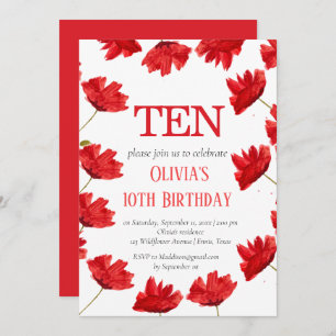 Convite Rustic Poppy 10th Birthday Wildflower Red Floral