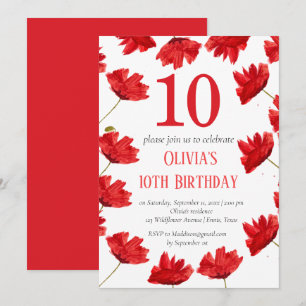 Convite Rustic Poppy 10th Birthday Wildflower Red Floral