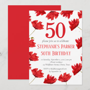 Convite Rustic Poppy 50th Birthday Wildflower Red Floral