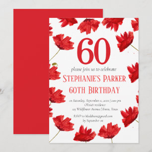Convite Rustic Poppy 60th Birthday Wildflower Red Floral