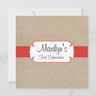 Convite Rustic Poppy Red e Beige Burlap Primeira Comunhão