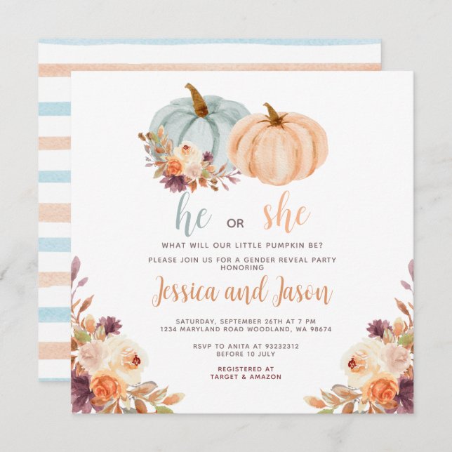 Convite Rustic Pumpkin Gender Revement Party (Frente/Verso)