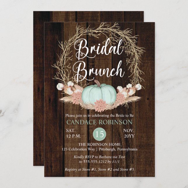 Convite Rustic Pumpkin Pampas Wreath Bridal Brunch (Frente/Verso)
