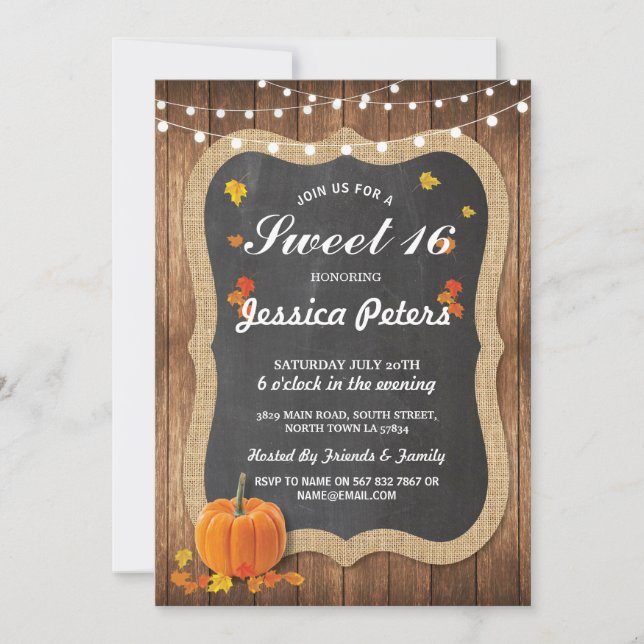 Convite Rustic Pumpkin Sweet 16 Party Chalk Wood Invite (Frente)