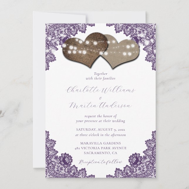 Convite Rustic Purple Floral Lace Burlap Hearts Wedding (Frente)