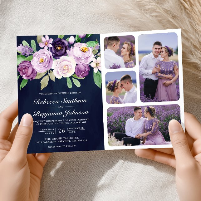 Convite Rustic Purple Floral QR Code Navy Blue Wedding (Criador carregado)