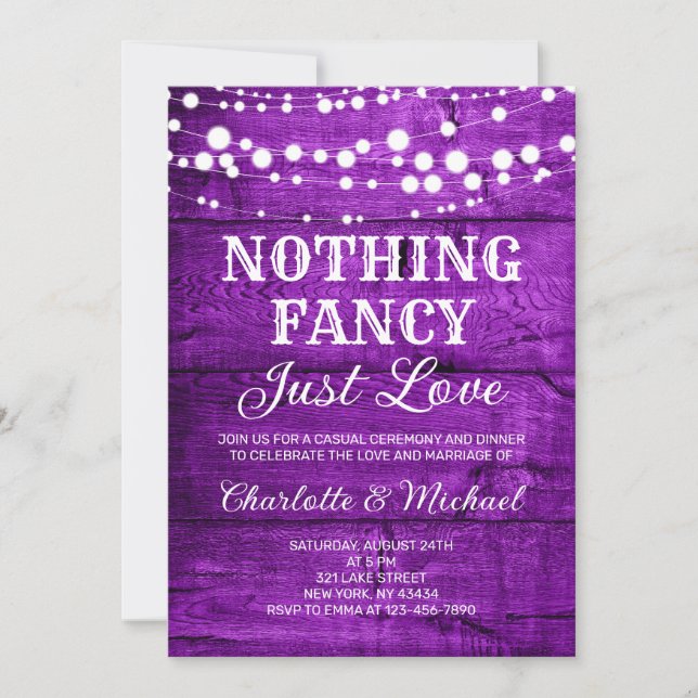 Convite  Rustic Purple Nothing Fancy Just Love Wedding (Frente)