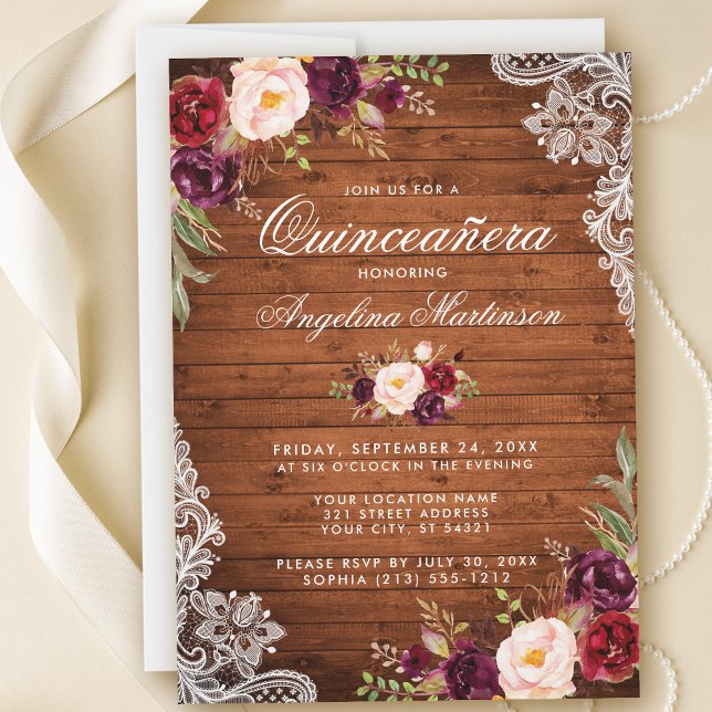 Convite Rustic Quinceanera Wood Lace Burgundy Floral (Customize to add more text or photos to back of card.)