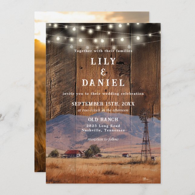 Convite Rustic Ranch Barn Wood String Lights Photo Wedding (Frente/Verso)