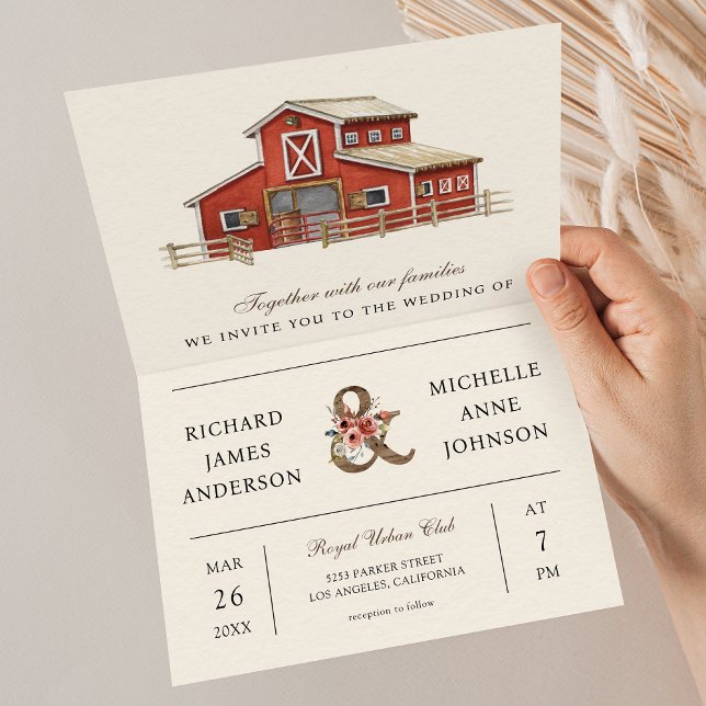 Convite Rustic Red Barn Country Farm QR Code Wedding (Criador carregado)