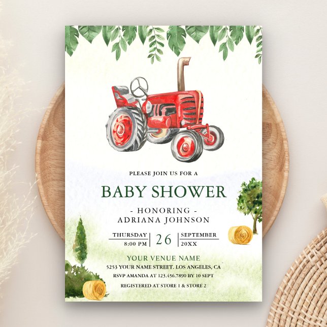 Convite Rustic Red Farm Tractor Baby Shower (Criador carregado)
