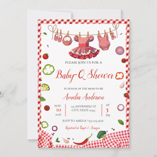 Convite Rustic Red Gingham Plaid BBQ Baby Shower (Frente)