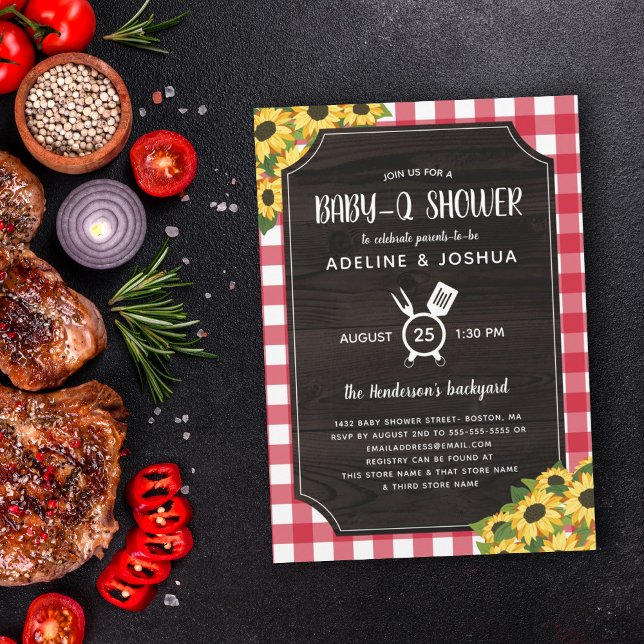 Convite Rustic Red Gingham Sunflower Baby-Q Chá (Criador carregado)