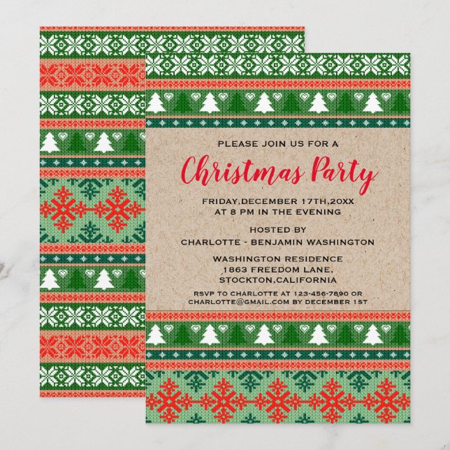 Convite Rustic Red & Green Christmas Ugly Sweater Party (Frente/Verso)