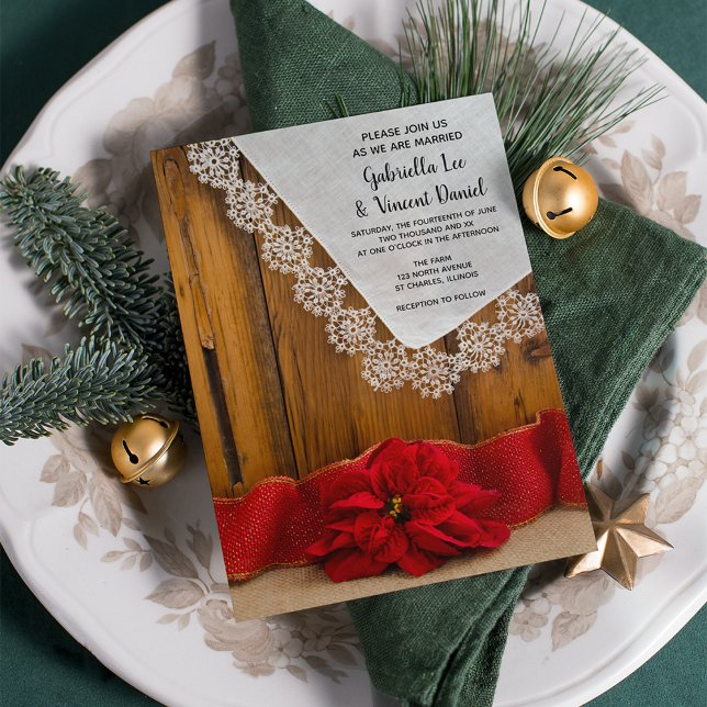 Convite Rustic Red Poinsettia Country Winter Barn Wedding (Set a warm and festive tone for your rustic December wedding ceremony and reception.)
