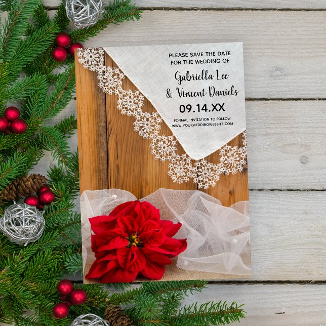 Convite Rustic Red Poinsettia Lace Winter Salvar Data (Set the tone for your December wedding with this festive Save the Date Announcement.)
