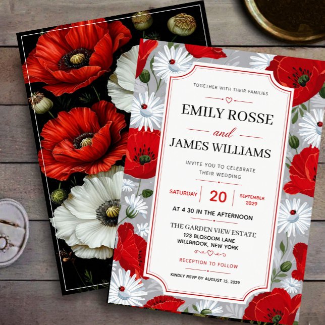 Convite Rustic Red Poppy and Daisy Wildflower Garden  (Criador carregado)