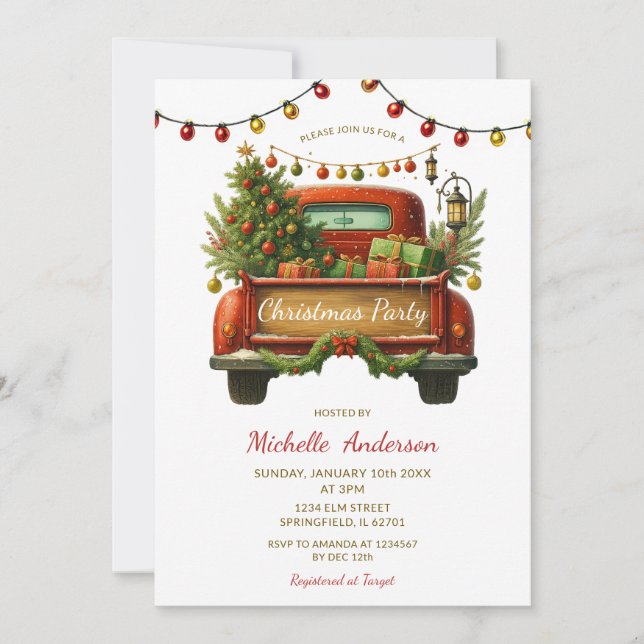 Convite Rustic Red Truck Winter Pine Tree Christmas Party (Frente)