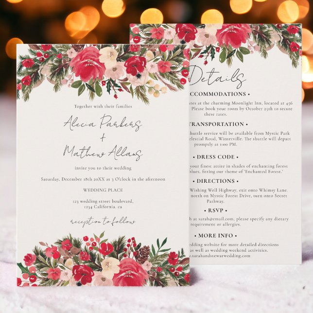Convite Rustic Red Winter Floral tudo em um Casamento (Rustic Red green winter Floral all in one Wedding Invitation)